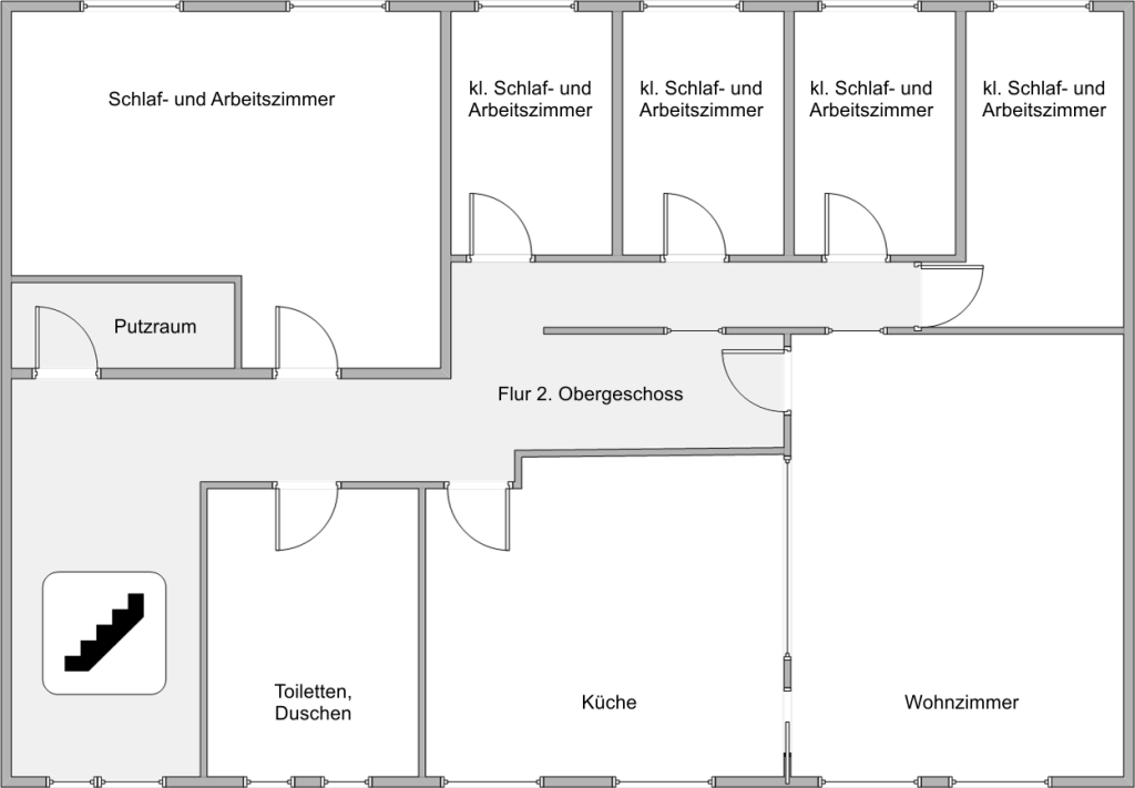 Grundriss der "Küchenetage" im 2. Obergeschoss. Hier sind kleine Zimmer, Wohnzimmer, Küche und Bad.
